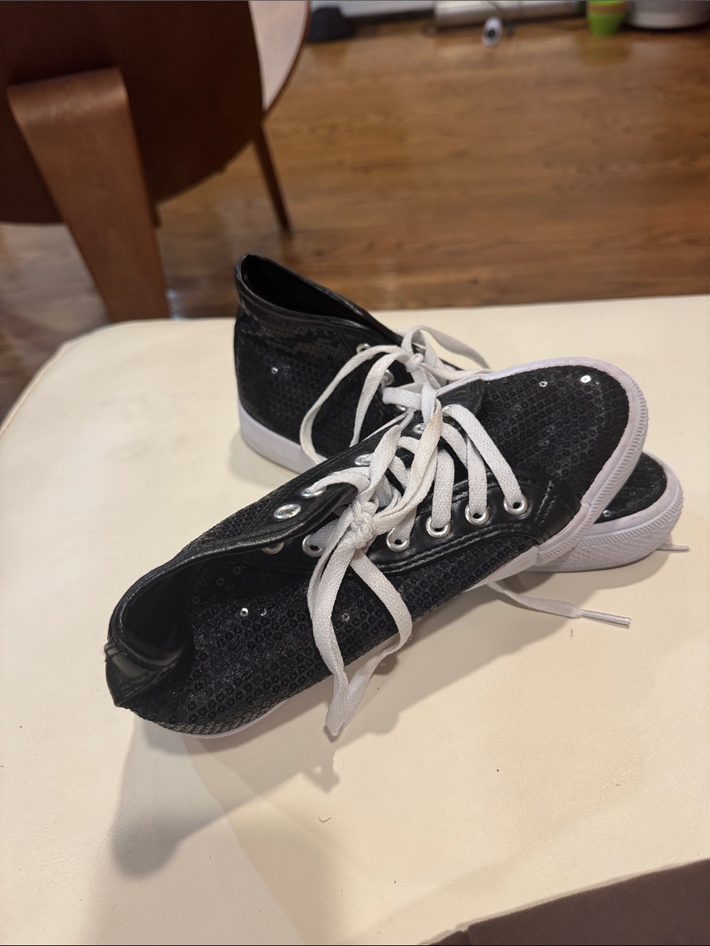 Kids Black Sequin Lace-Up Sneakers with White Laces